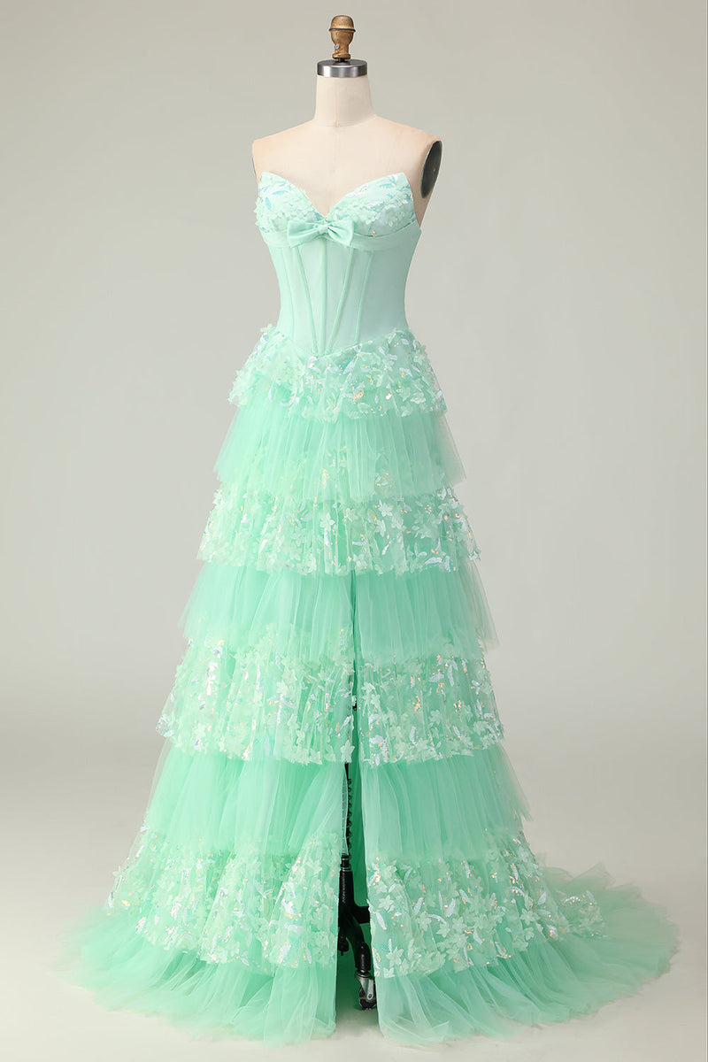 Load image into Gallery viewer, Green Ruffled Strapless Long Corset Prom Dress with Bow