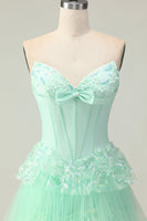 Load image into Gallery viewer, Green Ruffled Strapless Long Corset Prom Dress with Bow