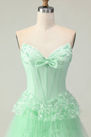 Load image into Gallery viewer, Green Ruffled Strapless Long Corset Prom Dress with Bow