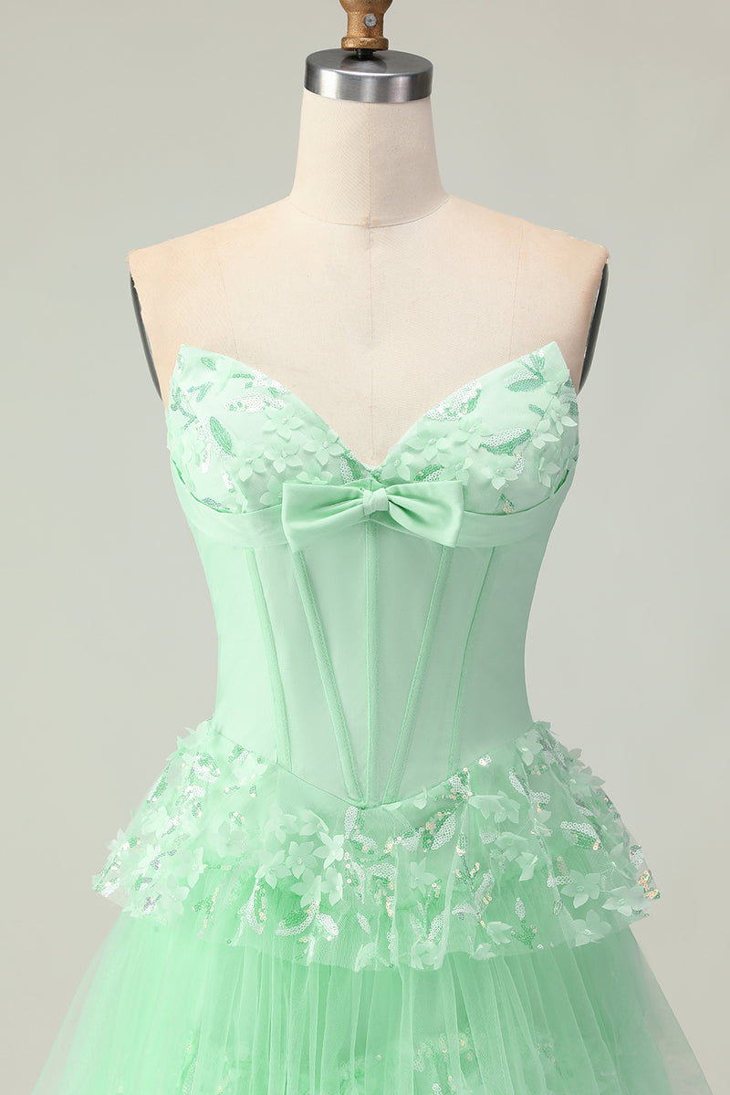 Load image into Gallery viewer, Green Ruffled Strapless Long Corset Prom Dress with Bow