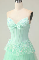 Load image into Gallery viewer, Green Ruffled Strapless Long Corset Prom Dress with Bow