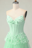 Load image into Gallery viewer, Green Ruffled Strapless Long Corset Prom Dress with Bow