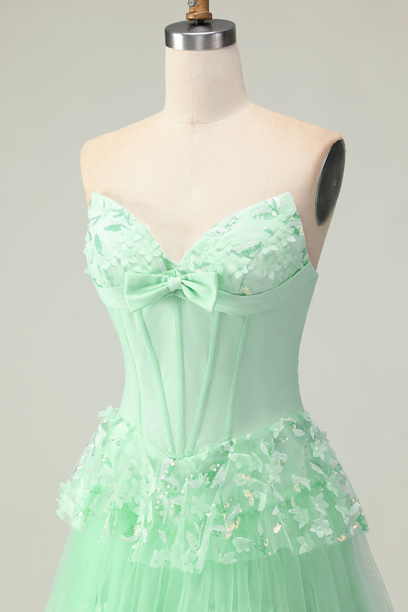 Load image into Gallery viewer, Green Ruffled Strapless Long Corset Prom Dress with Bow