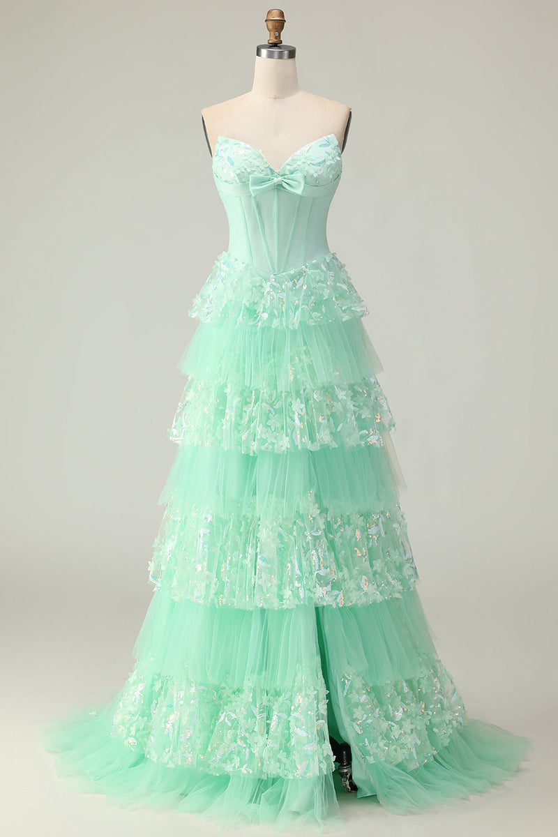 Load image into Gallery viewer, Green Ruffled Strapless Long Corset Prom Dress with Bow