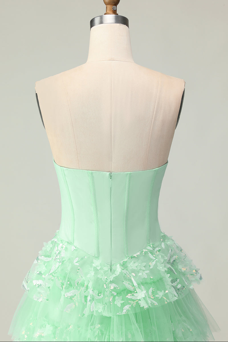 Load image into Gallery viewer, Green Ruffled Strapless Long Corset Prom Dress with Bow