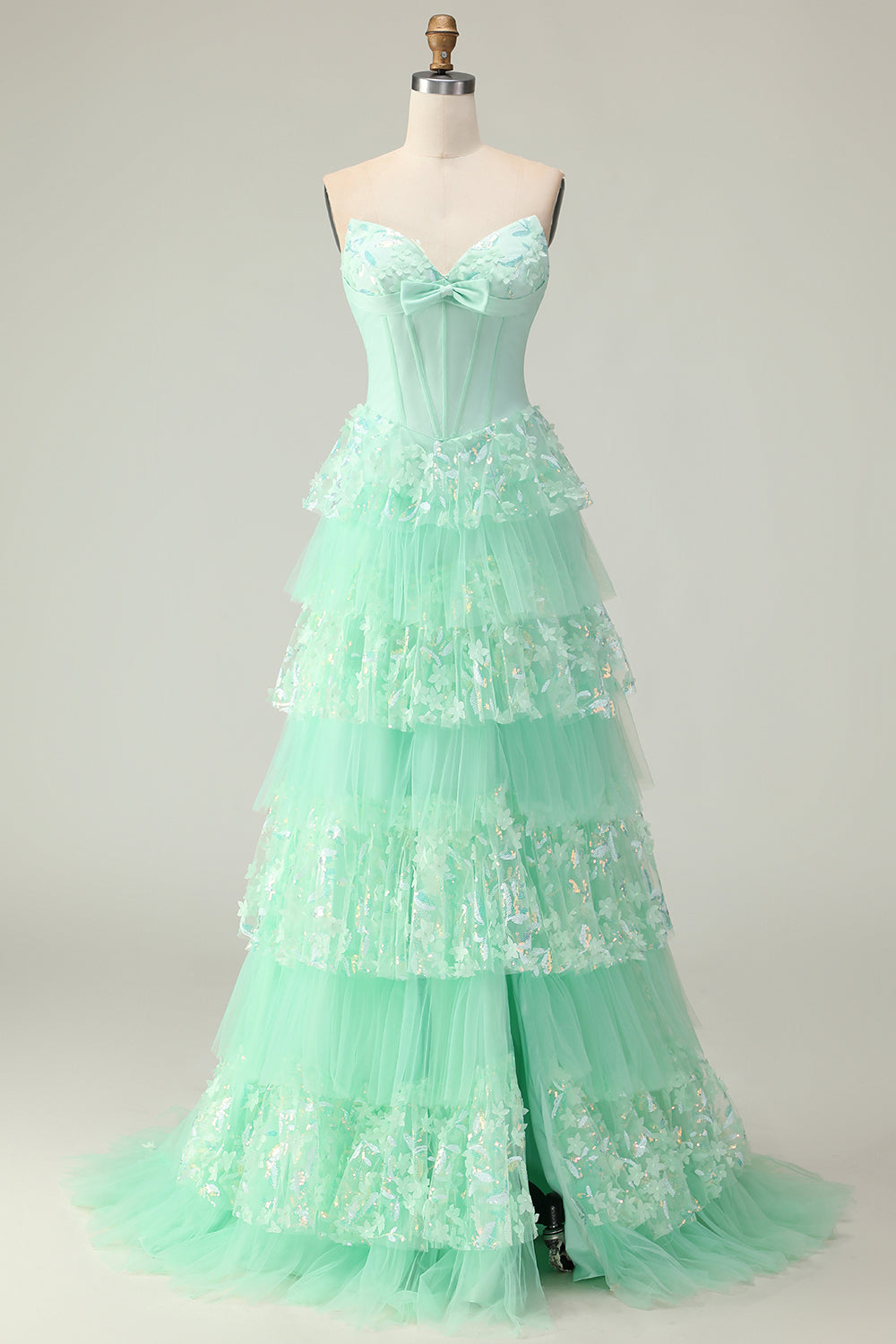 Green Ruffled Strapless Long Corset Prom Dress with Bow