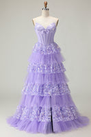 Load image into Gallery viewer, Sparkly Purple Strapless A Line Long Corset Prom Dress with Butterflies