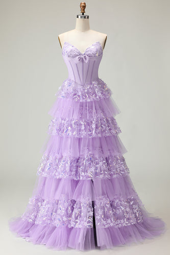 Sparkly Purple Strapless A Line Long Corset Prom Dress with Butterflies