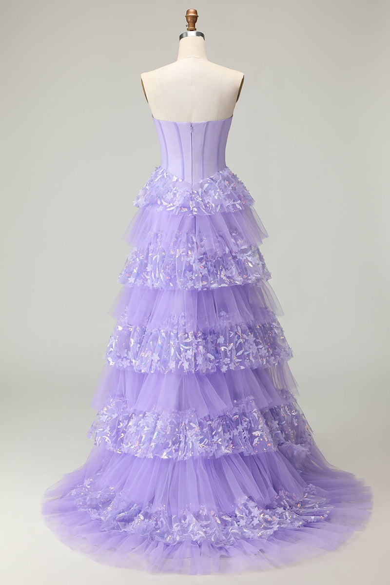 Load image into Gallery viewer, Sparkly Purple Strapless A Line Long Corset Prom Dress with Butterflies