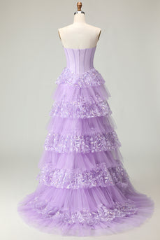 Sparkly Purple Strapless A Line Long Corset Prom Dress with Butterflies