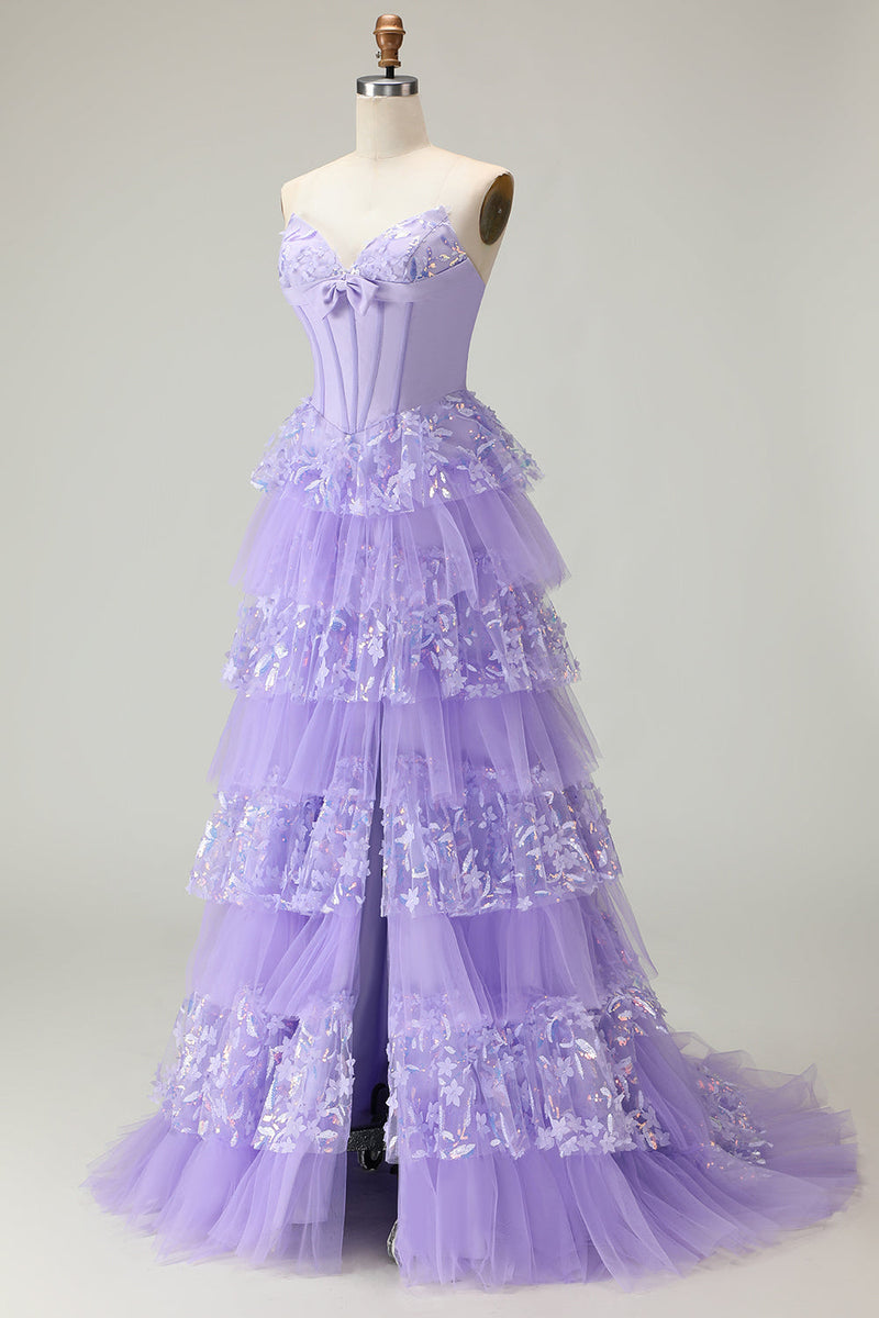 Load image into Gallery viewer, Sparkly Purple Strapless A Line Long Corset Prom Dress with Butterflies