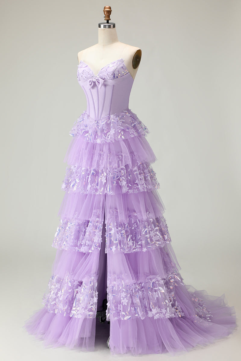 Load image into Gallery viewer, Sparkly Purple Strapless A Line Long Corset Prom Dress with Butterflies