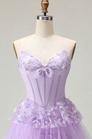 Load image into Gallery viewer, Sparkly Purple Strapless A Line Long Corset Prom Dress with Butterflies