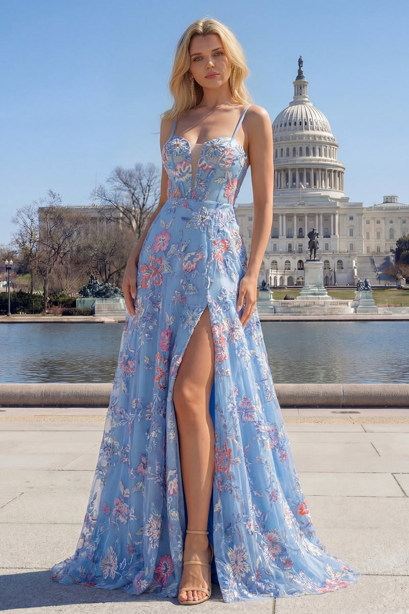 Load image into Gallery viewer, Floral Blue Spaghetti Straps Corset Maxi Prom Dress with Slit