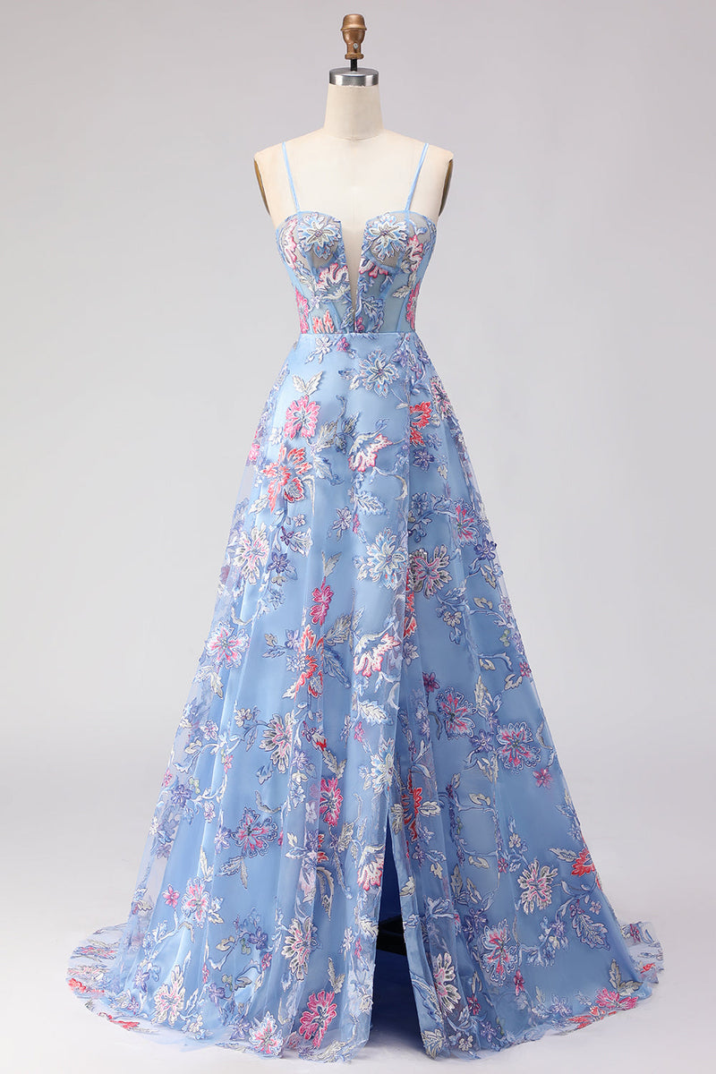 Load image into Gallery viewer, Floral Blue Spaghetti Straps Corset Maxi Prom Dress with Slit
