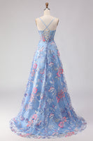 Load image into Gallery viewer, Floral Blue Spaghetti Straps Corset Maxi Prom Dress with Slit