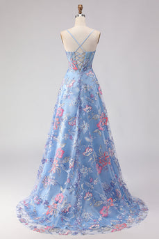 Floral Blue Spaghetti Straps Corset Maxi Prom Dress with Slit