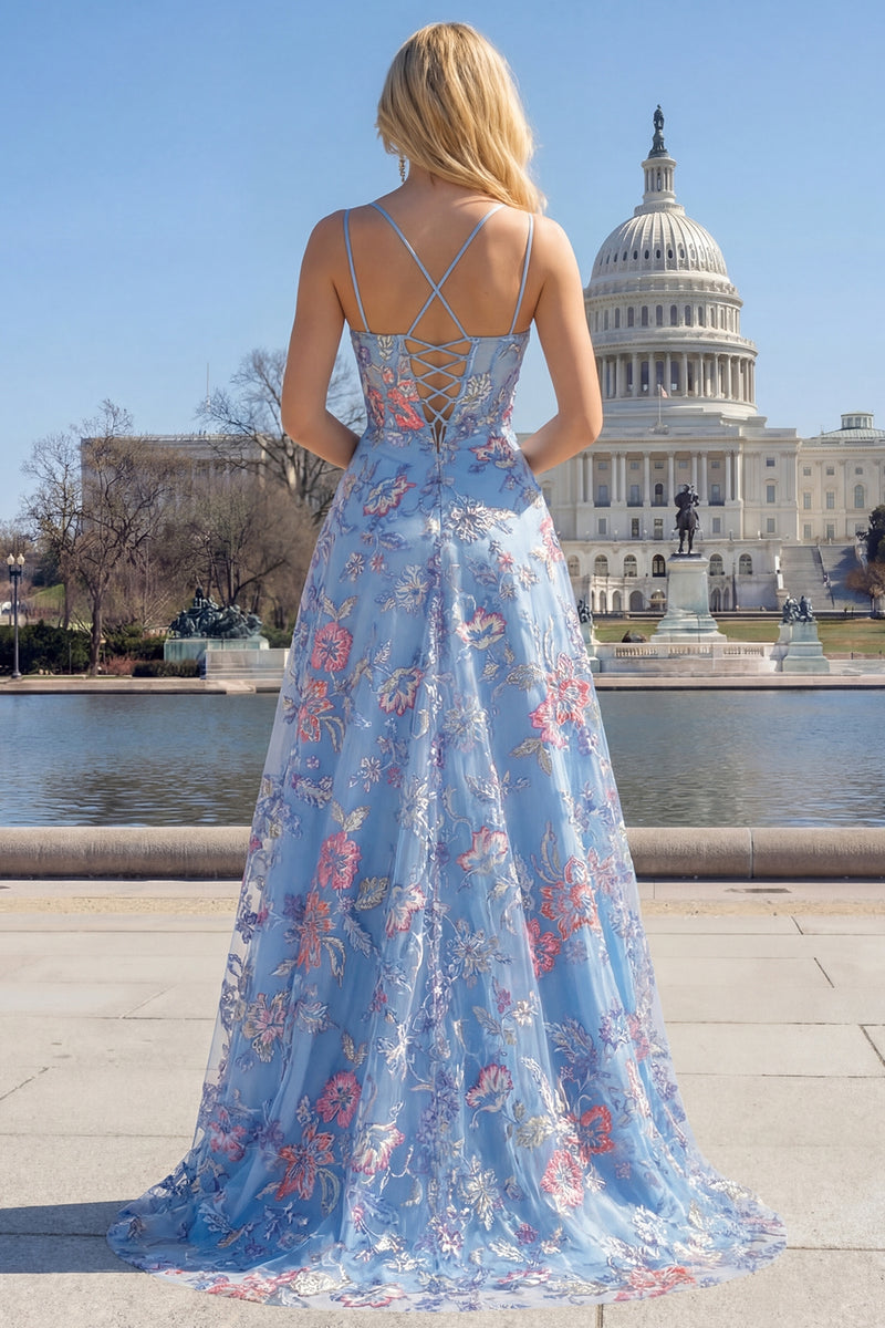 Load image into Gallery viewer, Floral Blue Spaghetti Straps Corset Maxi Prom Dress with Slit