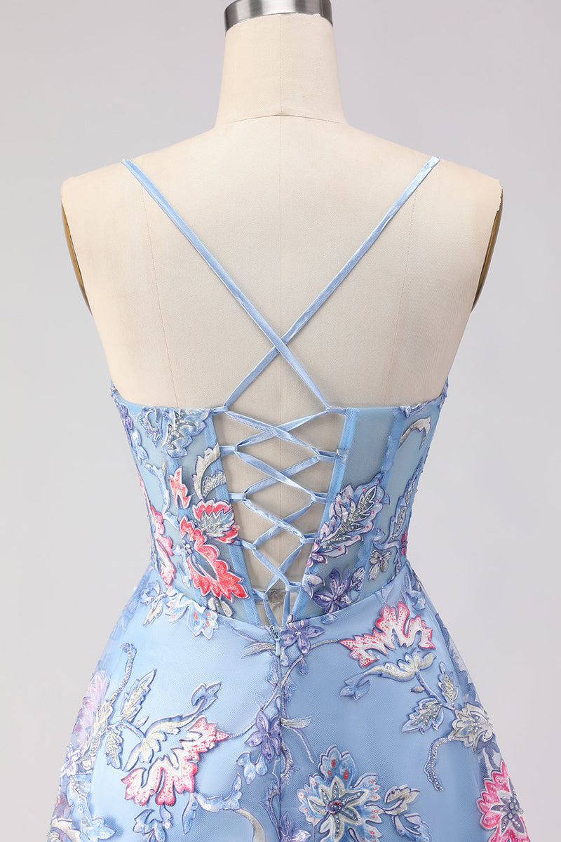 Load image into Gallery viewer, Floral Blue Spaghetti Straps Corset Maxi Prom Dress with Slit