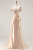 Load image into Gallery viewer, Champagne Off the Shoulder Long Mermaid Prom Dress with Appliques