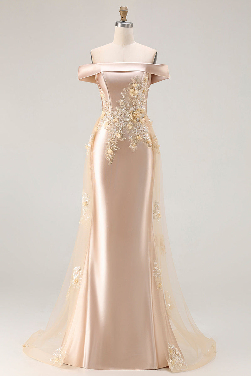Load image into Gallery viewer, Champagne Off the Shoulder Long Mermaid Prom Dress with Appliques