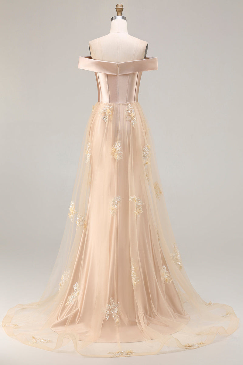Load image into Gallery viewer, Champagne Off the Shoulder Long Mermaid Prom Dress with Appliques
