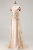 Load image into Gallery viewer, Champagne Off the Shoulder Long Mermaid Prom Dress with Appliques