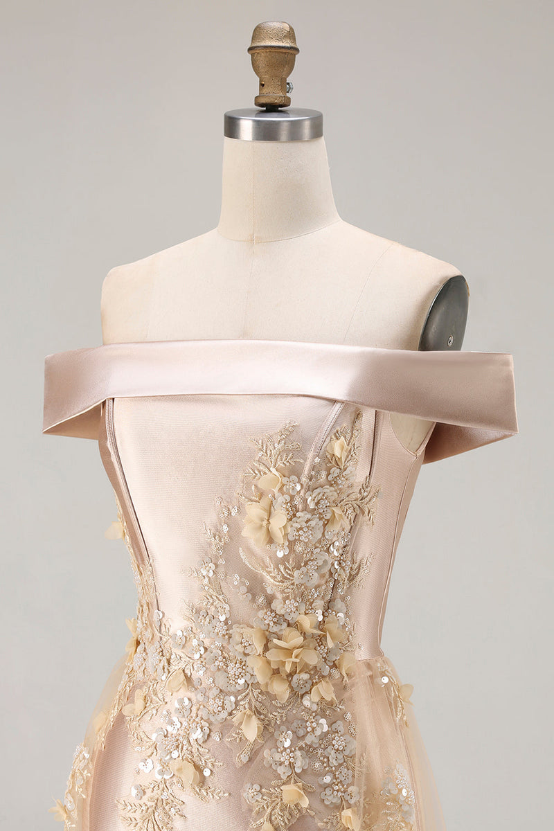 Load image into Gallery viewer, Champagne Off the Shoulder Long Mermaid Prom Dress with Appliques