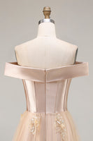 Load image into Gallery viewer, Champagne Off the Shoulder Long Mermaid Prom Dress with Appliques