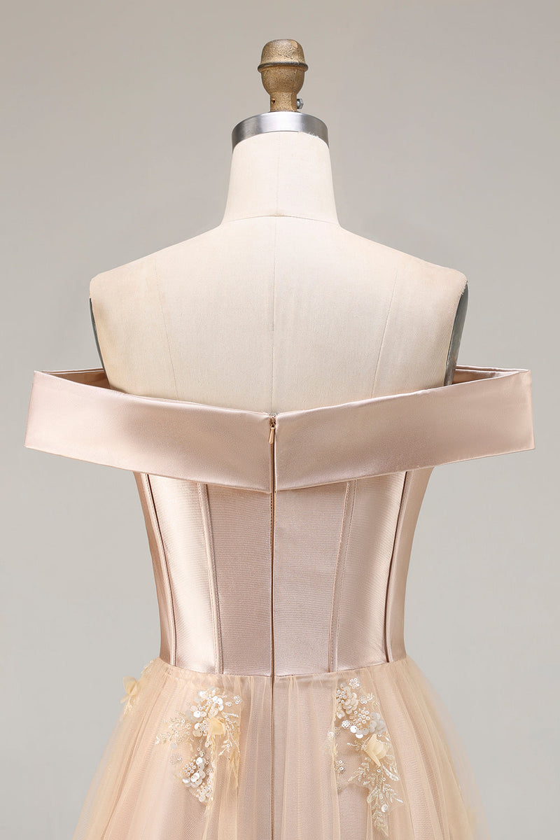 Load image into Gallery viewer, Champagne Off the Shoulder Long Mermaid Prom Dress with Appliques