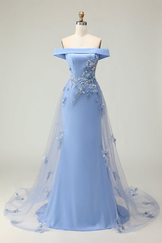 Grey Blue Mermaid Off the Shoulder Maxi Prom Dress