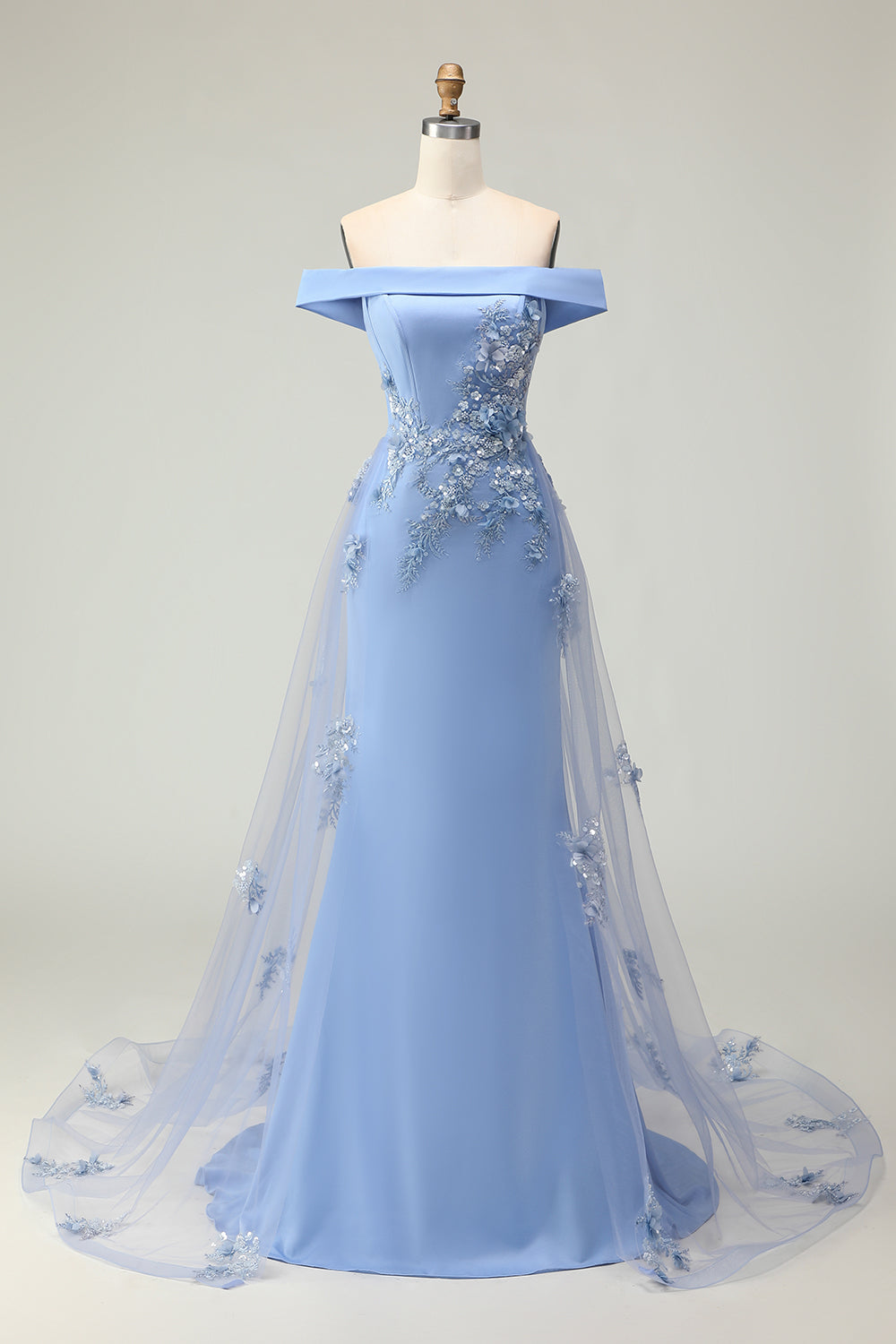 Grey Blue Mermaid Off the Shoulder Maxi Prom Dress