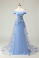 Load image into Gallery viewer, Champagne Off the Shoulder Long Mermaid Prom Dress with Appliques