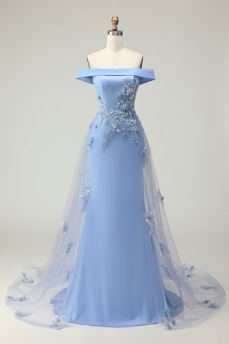 Load image into Gallery viewer, Champagne Off the Shoulder Long Mermaid Prom Dress with Appliques