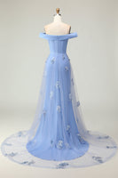 Load image into Gallery viewer, Grey Blue Mermaid Off the Shoulder Maxi Prom Dress