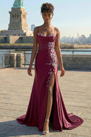 Load image into Gallery viewer, Navy Satin Appliqued Mermaid Long Corset Prom Dress with Slit