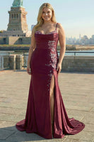 Load image into Gallery viewer, Navy Satin Appliqued Mermaid Long Corset Prom Dress with Slit
