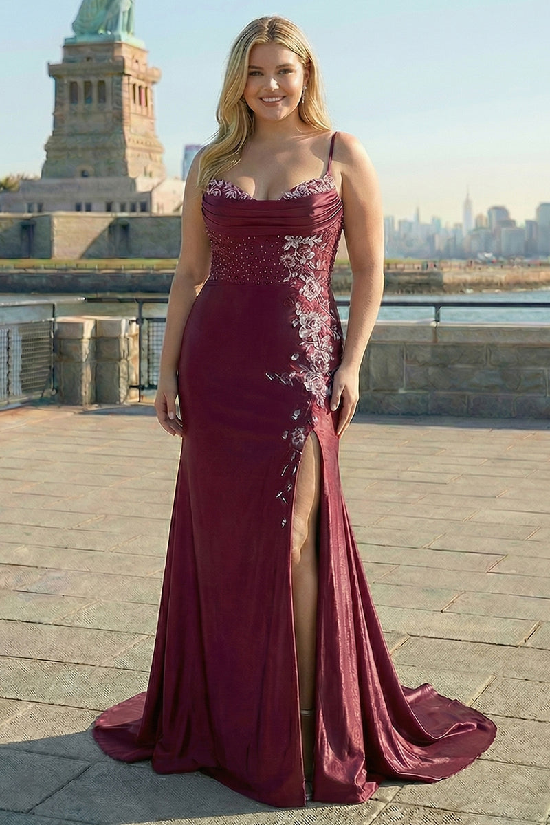 Load image into Gallery viewer, Navy Satin Appliqued Mermaid Long Corset Prom Dress with Slit