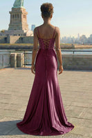 Load image into Gallery viewer, Navy Satin Appliqued Mermaid Long Corset Prom Dress with Slit