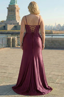 Load image into Gallery viewer, Navy Satin Appliqued Mermaid Long Corset Prom Dress with Slit