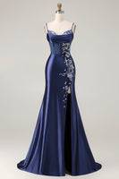 Load image into Gallery viewer, Navy Satin Appliqued Mermaid Long Corset Prom Dress with Slit