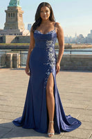Load image into Gallery viewer, Navy Satin Appliqued Mermaid Long Corset Prom Dress with Slit