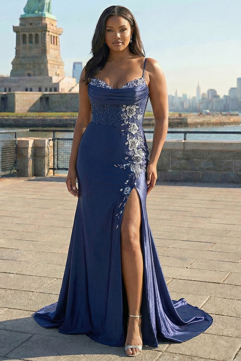 Load image into Gallery viewer, Navy Satin Appliqued Mermaid Long Corset Prom Dress with Slit