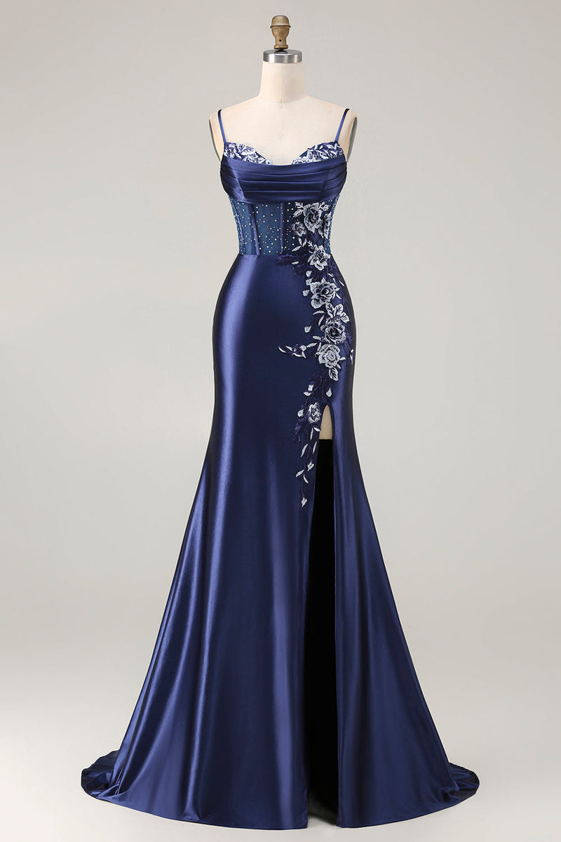 Load image into Gallery viewer, Navy Satin Appliqued Mermaid Long Corset Prom Dress with Slit