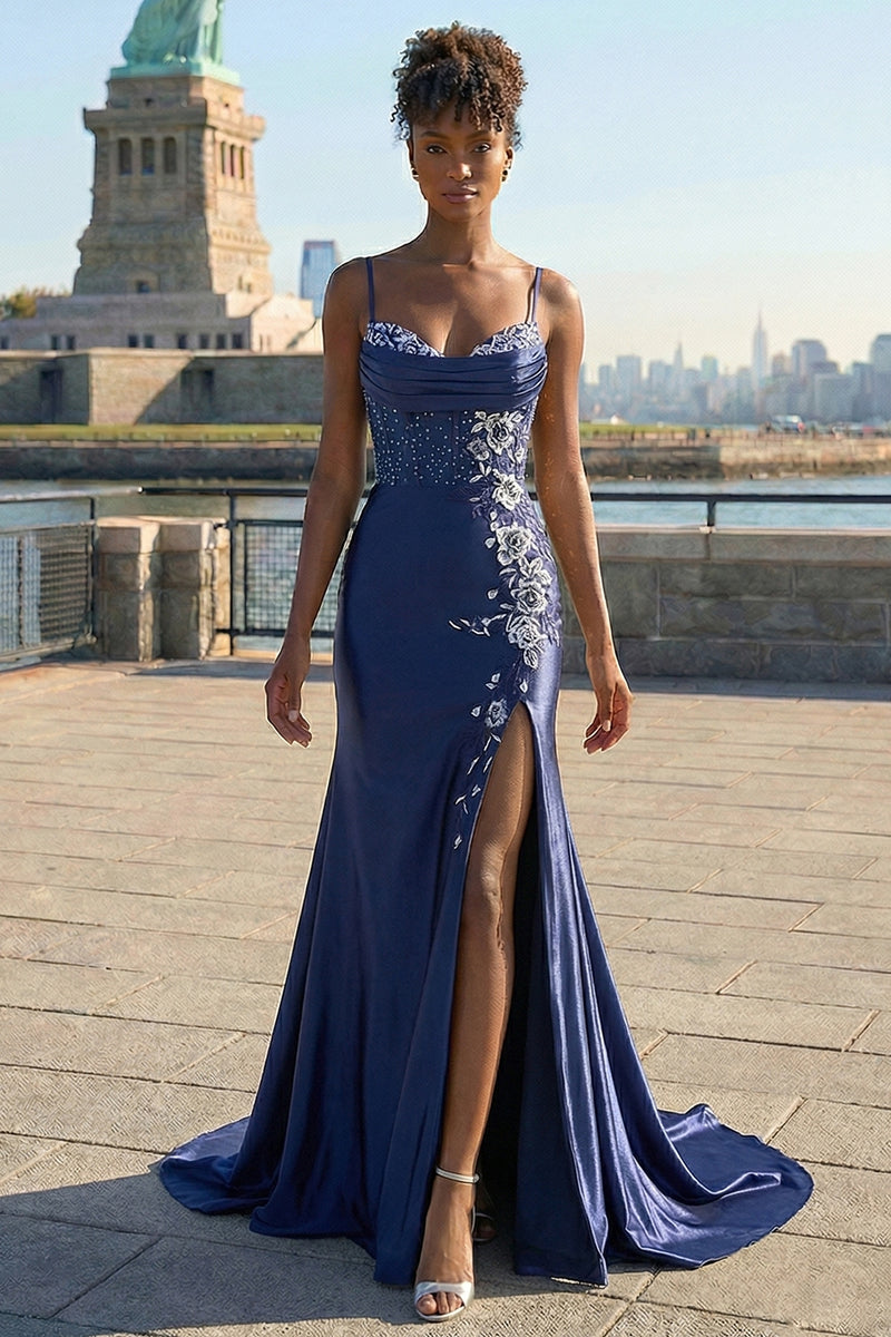 Load image into Gallery viewer, Navy Satin Appliqued Mermaid Long Corset Prom Dress with Slit