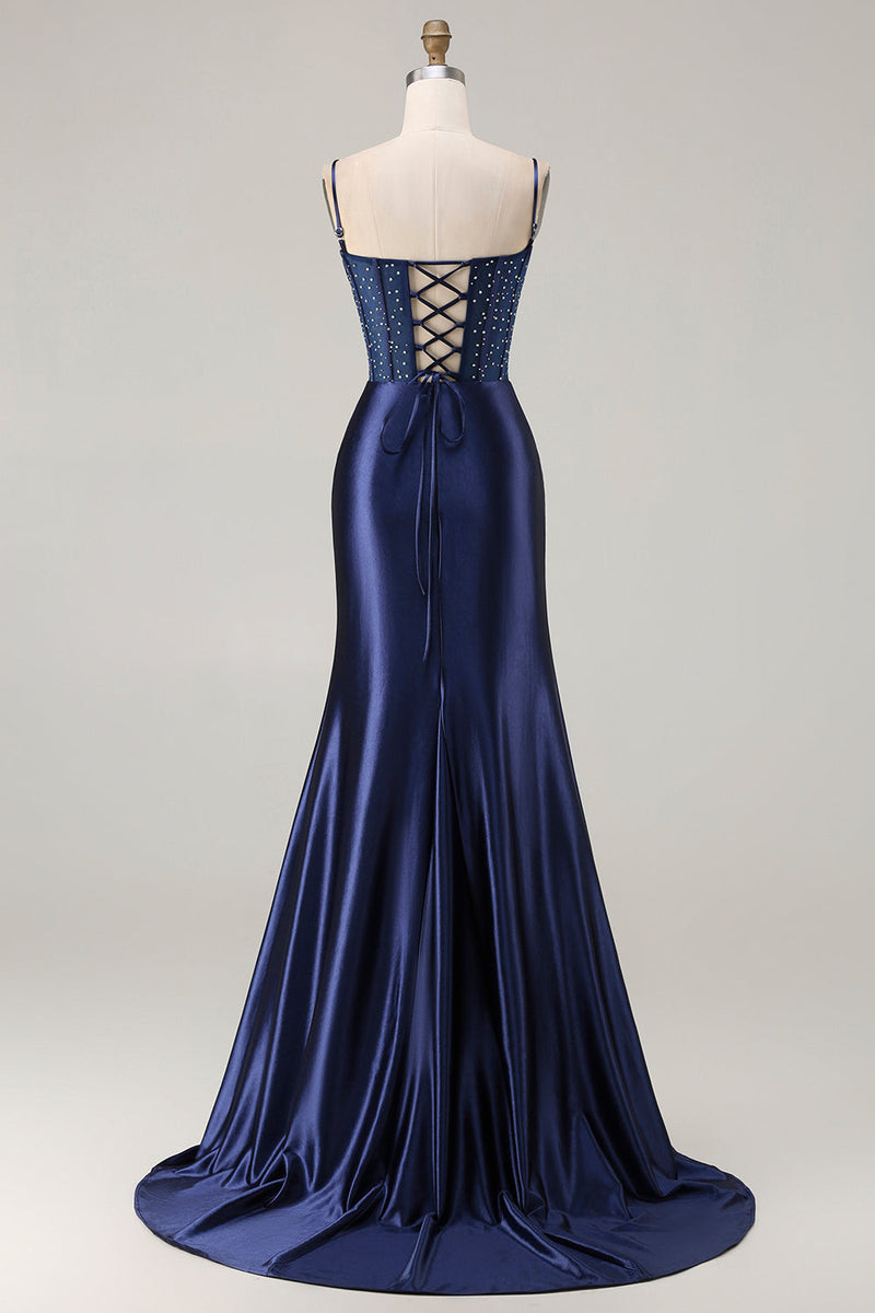 Load image into Gallery viewer, Navy Satin Appliqued Mermaid Long Corset Prom Dress with Slit