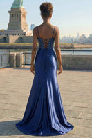 Load image into Gallery viewer, Navy Satin Appliqued Mermaid Long Corset Prom Dress with Slit
