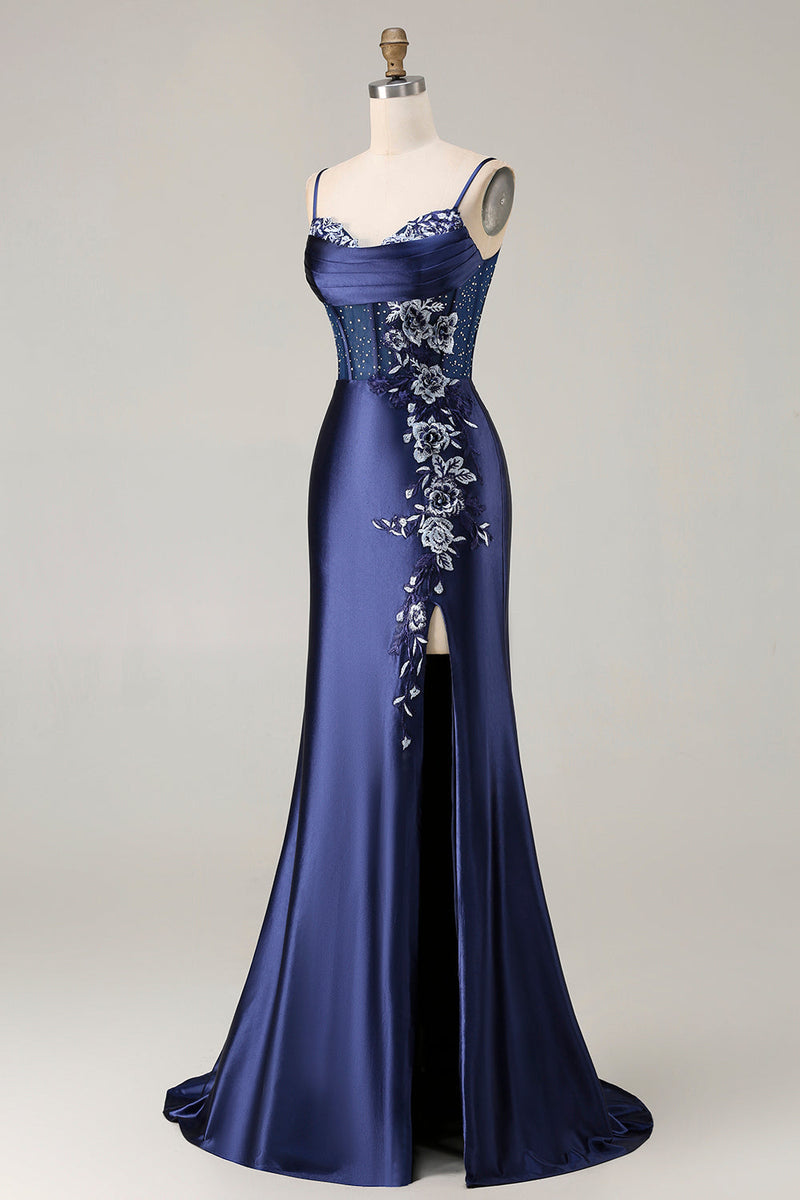 Load image into Gallery viewer, Navy Satin Appliqued Mermaid Long Corset Prom Dress with Slit