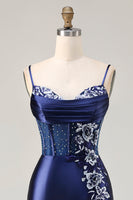 Load image into Gallery viewer, Navy Satin Appliqued Mermaid Long Corset Prom Dress with Slit