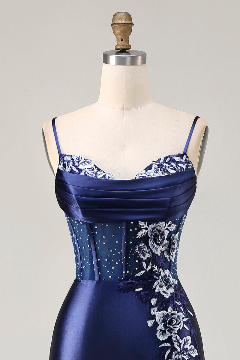 Load image into Gallery viewer, Navy Satin Appliqued Mermaid Long Corset Prom Dress with Slit